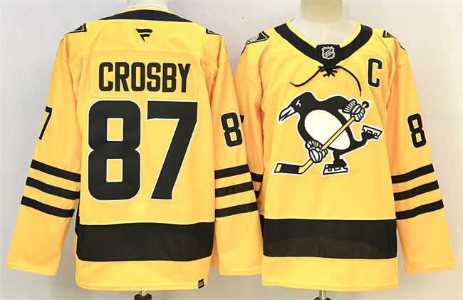 Men's Pittsburgh Penguins #87 Sidney Crosby Gold 2025/26 With C Patch  Alternate Stitched Hockey Jersey